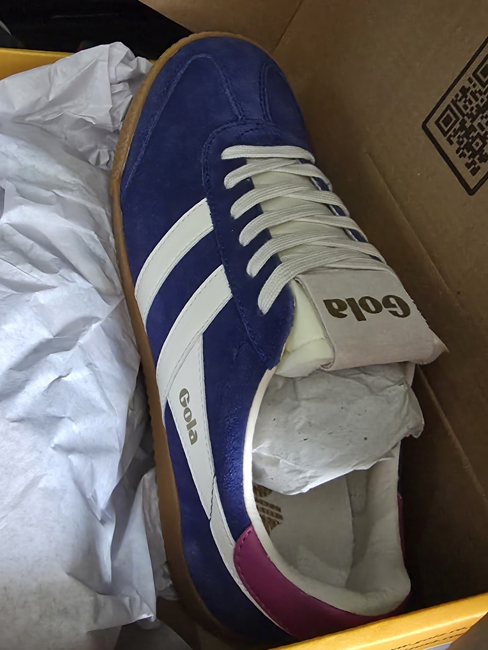 Gola Women's  Suede Trainer with White Stripes and Pink Heel